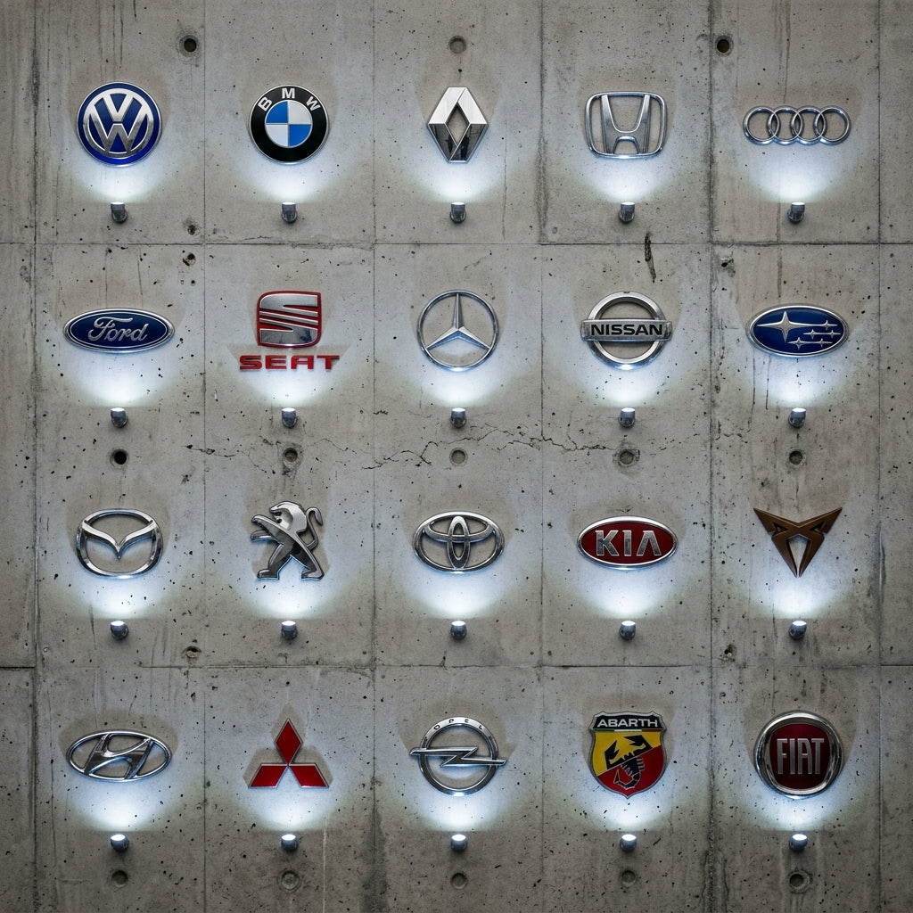 Veinte emblemas de marcas de coche montados en una pared de hormigon, cada uno iluminado desde abajo por una luz blanca