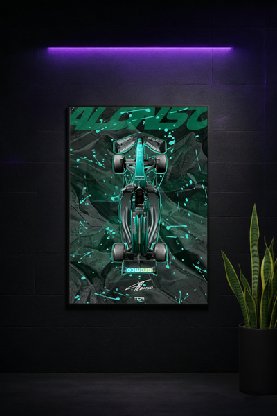 Póster de Aston Martin Vantage, V4, con diseño de collage. Decoración moderna para oficina o estudio de diseño automotriz.