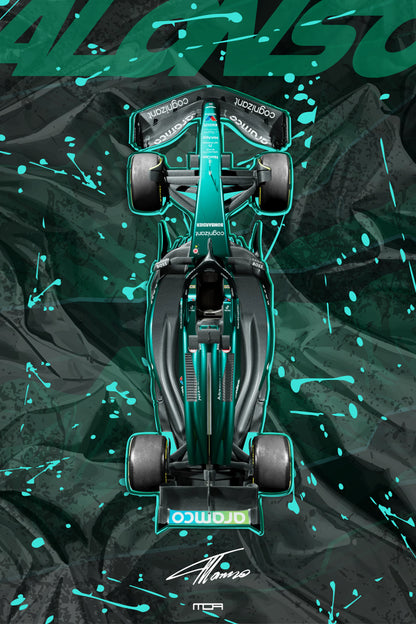 Decoración de pared minimalista con póster de Aston Martin Vantage V5. El diseño de líneas encaja perfectamente en una oficina o ambiente de estilo moderno.