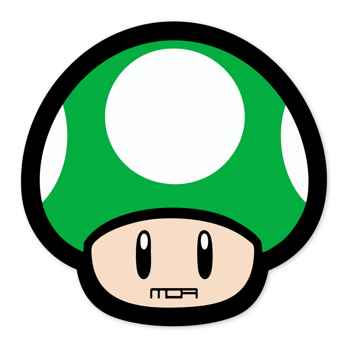 Diseño plano de una seta de sombrero verde bandera con un óvalo blanco grande en el centro y dos más pequeños a los lados, tallo beige claro con dos ojos ovalados negros y el logotipo de MOA en la base, todo con contorno negro grueso.