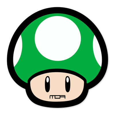 Diseño plano de una seta de sombrero verde bandera con un óvalo blanco grande en el centro y dos más pequeños a los lados, tallo beige claro con dos ojos ovalados negros y el logotipo de MOA en la base, todo con contorno negro grueso.