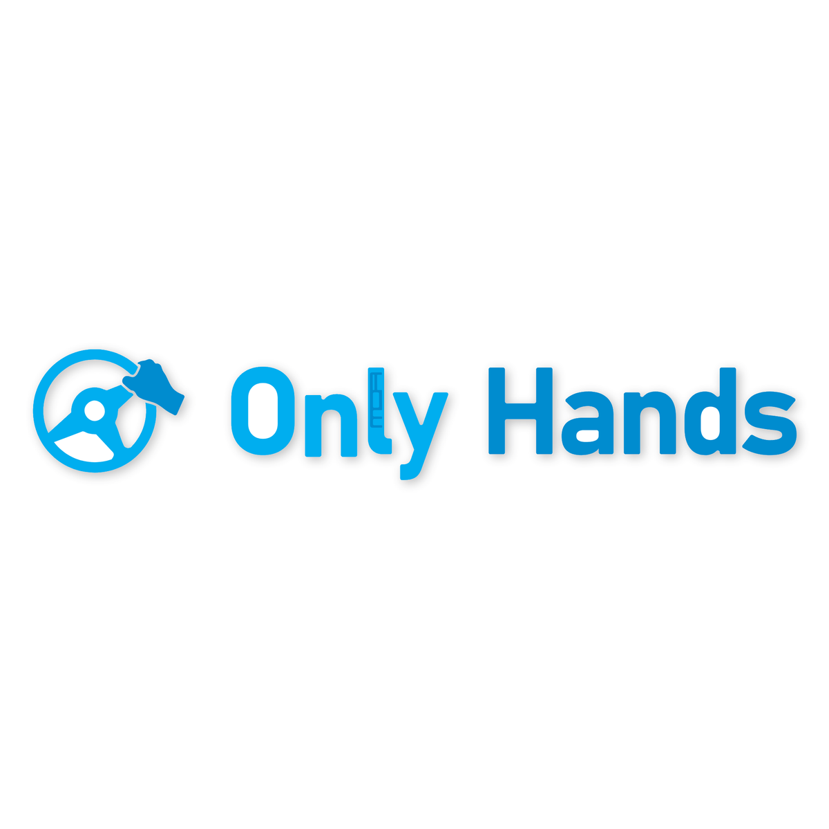 Diseño plano en dos azules: a la izquierda un volante de tres radios con una mano agarrándolo, y a la derecha el rótulo Only Hands en letra redonda gruesa, con el logotipo de MOA dentro de la ele y sin fondo.