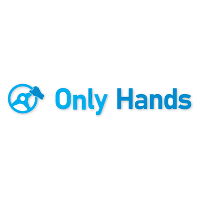 Diseño plano en dos azules: a la izquierda un volante de tres radios con una mano agarrándolo, y a la derecha el rótulo Only Hands en letra redonda gruesa, con el logotipo de MOA dentro de la ele y sin fondo.