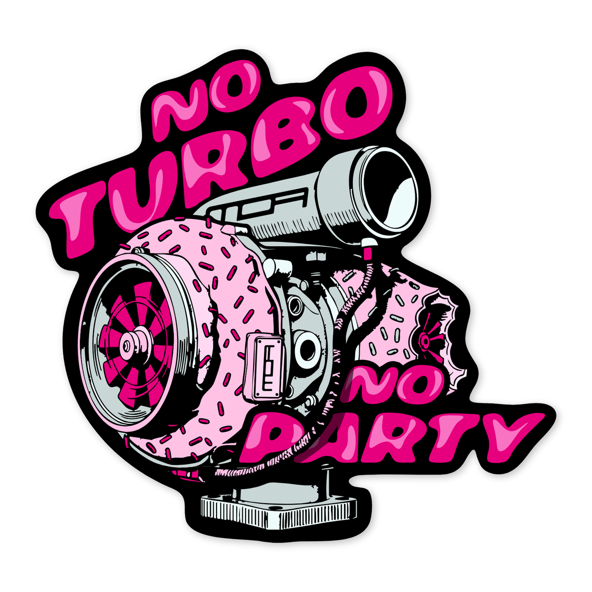 Turbocompresor visto de tres cuartos con la carcasa de la turbina convertida en dónut glaseado rosa con virutas, rodete magenta a la vista, tubo de salida plateado con el logotipo de MOA, y el lema NO TURBO arriba y NO PARTY abajo en letras redondas rosa.