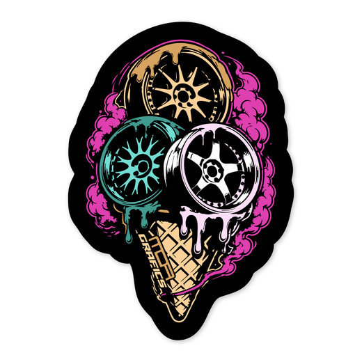 Diseño plano de un cucurucho de gofre con tres bolas que son llantas: una dorada de radios finos arriba, una turquesa a la izquierda y una blanca y rosa de cinco radios a la derecha, derritiéndose sobre el barquillo, con el rótulo MOA GRAFICS en el canto y humo rosa detrás.