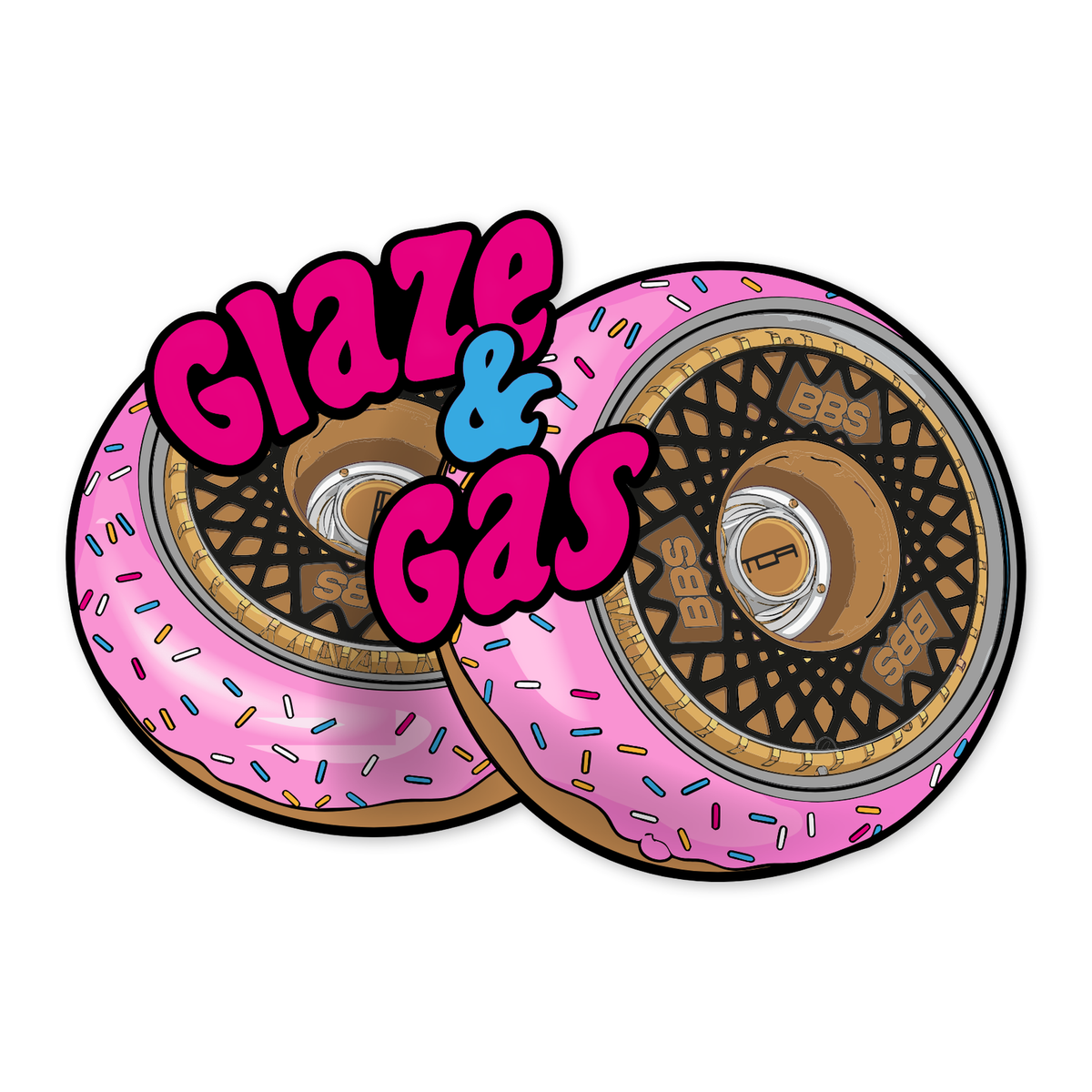 Dos ruedas superpuestas con el neumático convertido en dónut glaseado rosa con virutas de colores y llanta de malla dorada, con el rótulo Glaze and Gas cruzando por arriba en letras redondas rosa y el ampersand en azul.