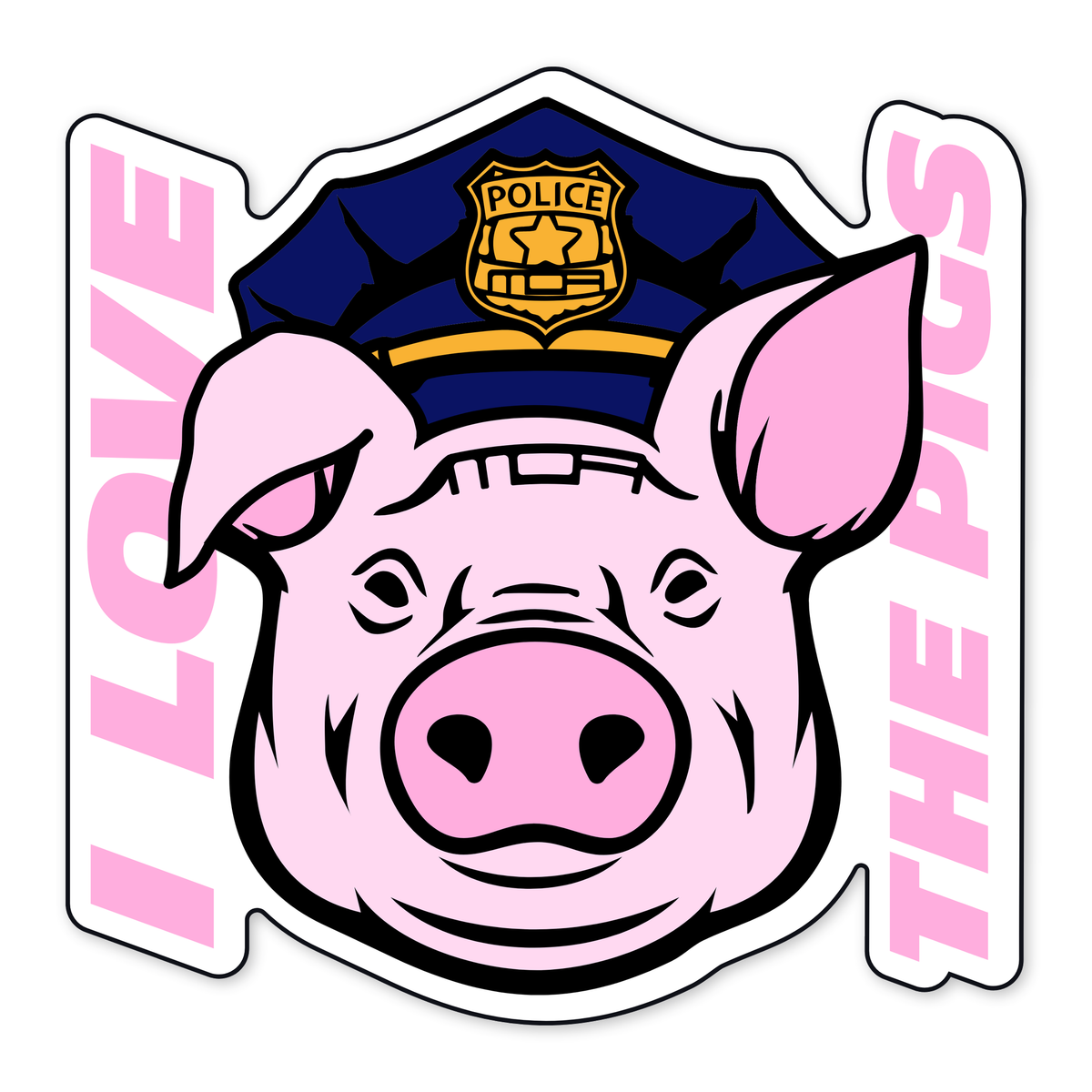 Diseño plano de una cabeza de cerdo rosa con gorra azul marino de policía y placa dorada, con el lema I LOVE THE PIGS en letras rosa pálido a ambos lados, y el contorno de troquel dibujado alrededor en blanco y negro.