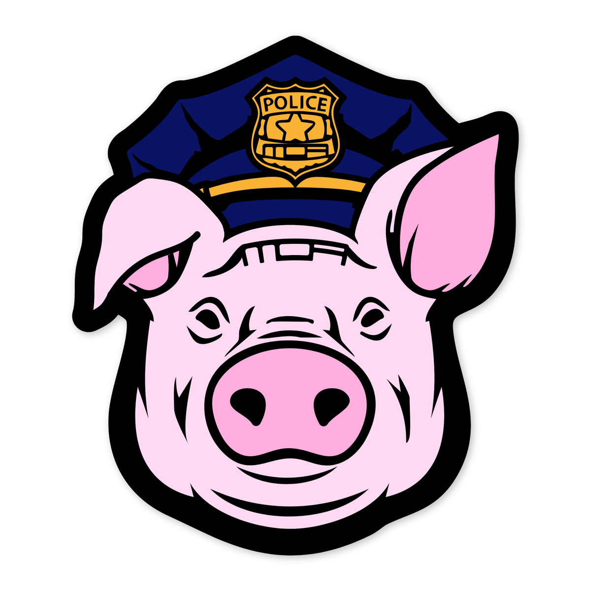 Diseño plano de una cabeza de cerdo rosa vista de frente, con gorra azul marino de policía y placa dorada encima, orejas caídas a los lados y el rótulo MOA grabado en la frente.