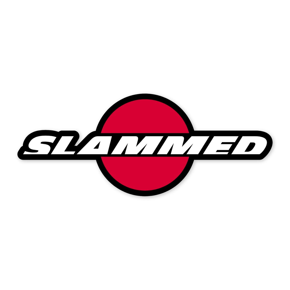 La palabra SLAMMED en cursiva blanca muy inclinada, dentro de una cápsula de contorno negro que cruza de lado a lado un círculo rojo pleno con el mismo borde negro.
