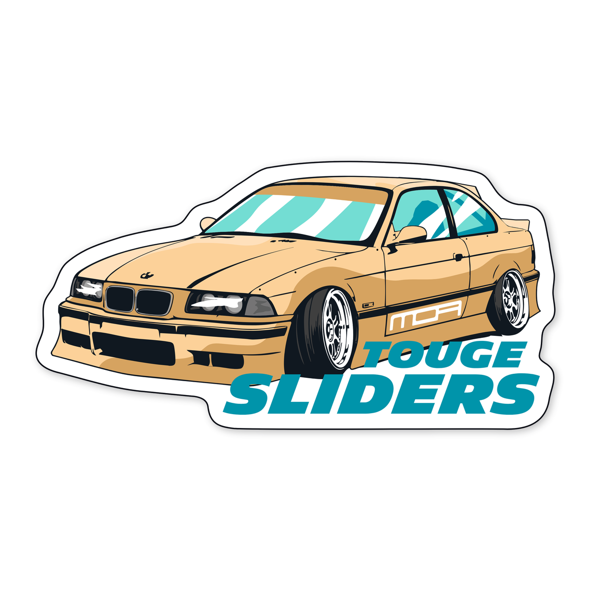 Diseño plano de un cupé beige bajado en vista tres cuartos, con llantas blancas de radios finos, aletas ensanchadas, franjas turquesa y blancas cubriendo las lunas, y el rótulo TOUGE SLIDERS en turquesa cruzando la parte inferior, todo con un borde blanco de troquel alrededor.