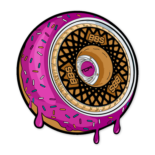 Diseño plano de una llanta de radios cruzados dibujada como un dónut: glaseado rosa fucsia con fideos blancos, turquesa y naranja, gotas cayendo por el borde, aro dorado y buje en el centro.