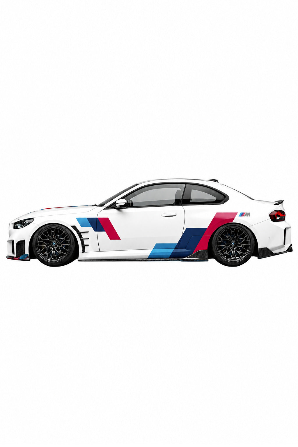 Imagen fotorrealista de un BMW con el Kit de Vinilo Tri-Color Stripes aplicado en el centro del capó y el techo. Este vinilo de alta calidad recrea las icónicas franjas de M Power (azul, azul claro, rojo), ideal para una personalización total del vehículo y fácil auto-instalación (DIY).