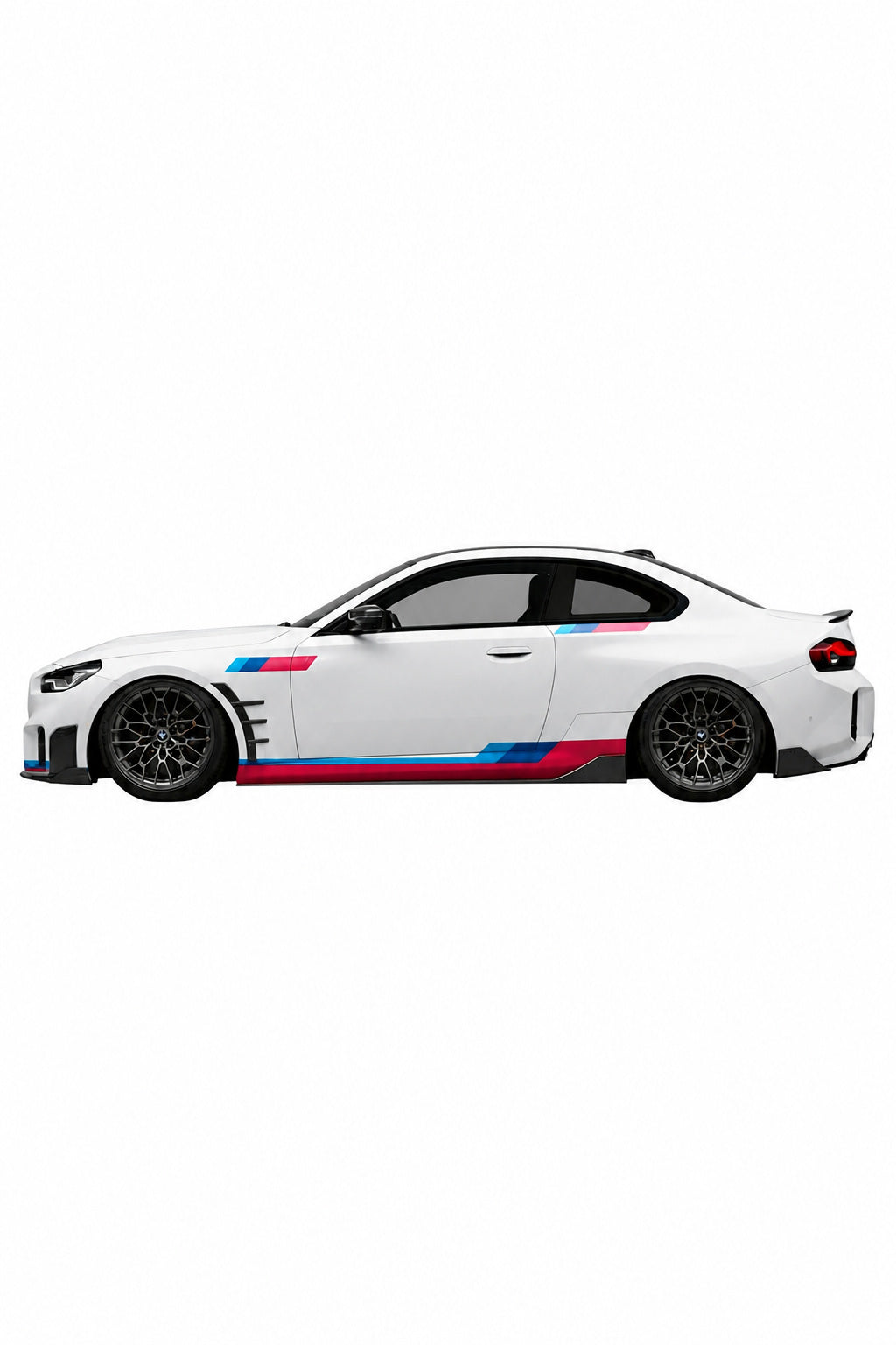 Imagen fotorrealista de un BMW con el Kit de Vinilo Líneas Dinámicas Performance. Este vinilo de alta calidad y diseño fluido mejora el aspecto lateral y aerodinámico, perfecto para tunear tu BMW de forma económica y con auto-instalación.