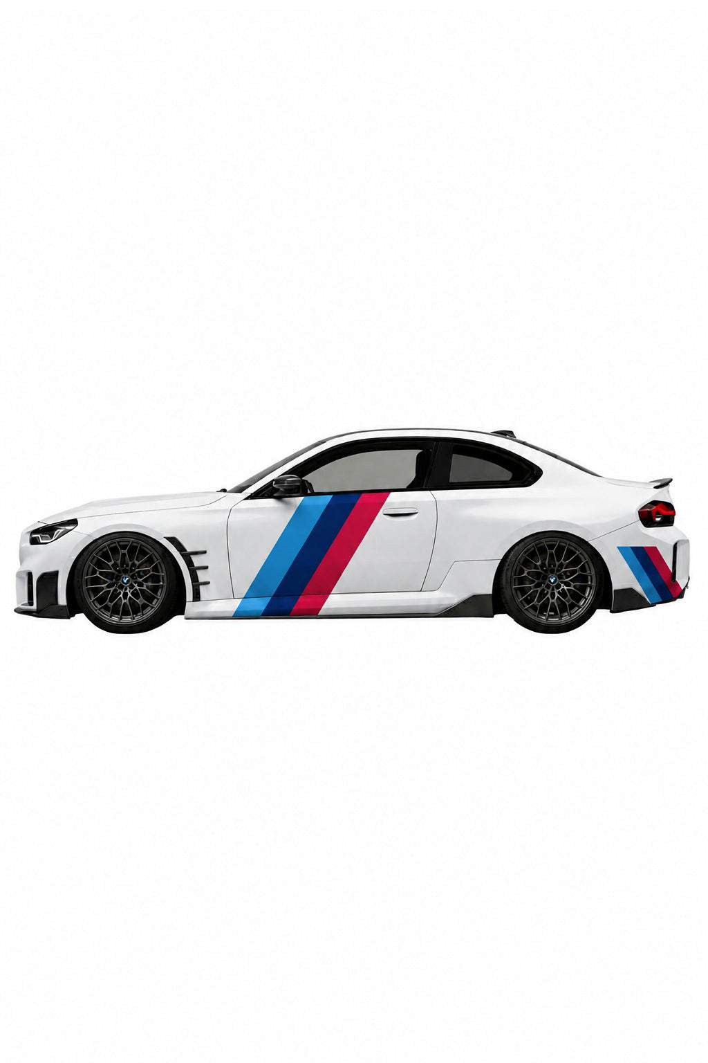 Imagen fotorrealista de un BMW con el Kit de Vinilo Líneas Onduladas Racing Waves en el perfil lateral. Este vinilo de alta calidad proporciona un diseño dinámico y un auténtico look de competición. Es fácil de instalar (DIY) y resistente a lavados.
