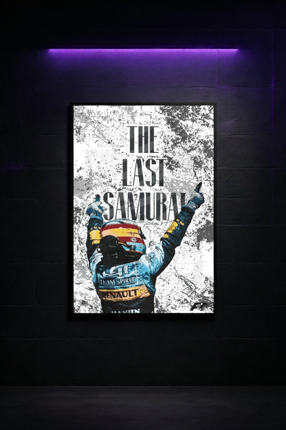 Póster de Fernando Alonso 'Magic' en ambiente de decoración moderna. Ideal para fans de la Fórmula 1 y coleccionistas de recuerdos deportivos.