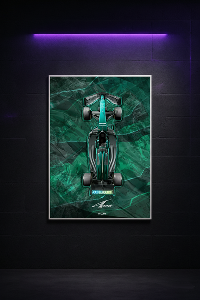 Póster de Aston Martin Vantage F1, V2, colgado en pared de oficina o sala gaming. Diseño de automovilismo en contexto decorativo.
