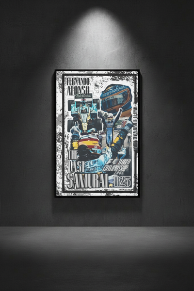 Póster de Fernando Alonso, V2, estilo retro F1, colgado en pared. Decoración ideal para sala de juegos o coleccionistas de la época dorada de la Fórmula 1.