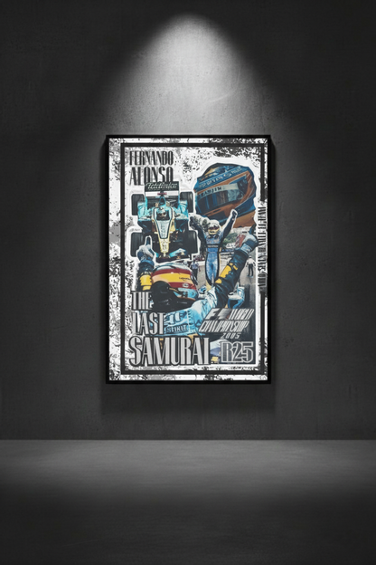 Póster de Fernando Alonso, V2, estilo retro F1, colgado en pared. Decoración ideal para sala de juegos o coleccionistas de la época dorada de la Fórmula 1.