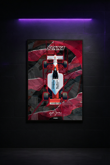 Póster de McLaren Senna con diseño de luces de neón en pared de dormitorio o sala de juegos. Decoración moderna y vibrante.