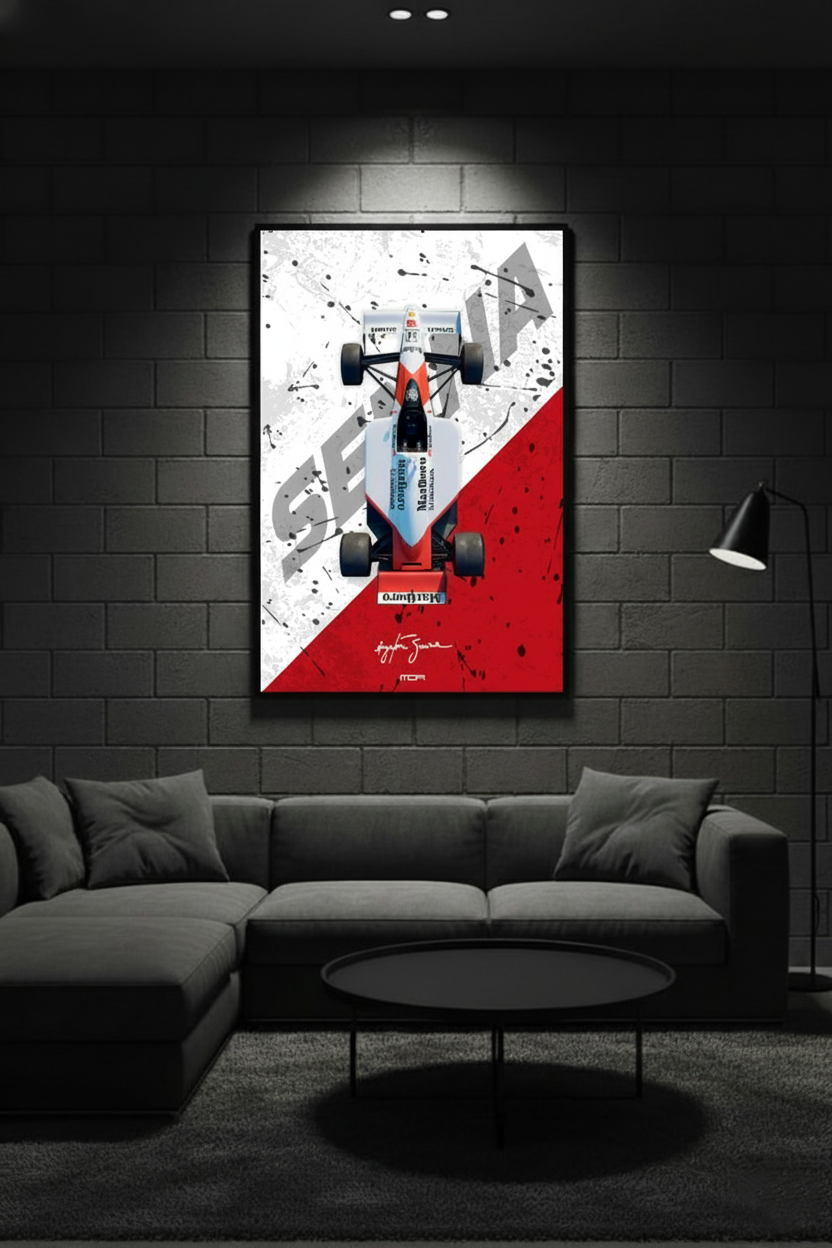 Póster de McLaren Senna en contexto decorativo moderno. Decoración ideal para aficionados de los coches de lujo y la alta ingeniería automotriz.
