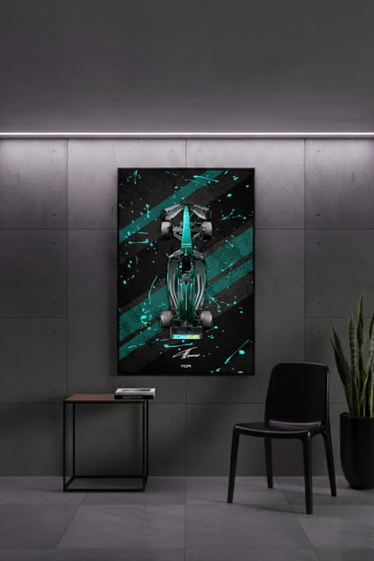Idea de decoración para pared: Póster de Aston Martin Vantage F1 en sala de estar o habitación temática de automovilismo.