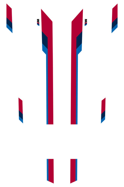 Detalle cercano del patrón moderno del vinilo de Líneas Dinámicas BMW. El vinilo de competición está fabricado con polímeros resistentes a la intemperie y rayos UV, garantizando una personalización duradera y de alta calidad.