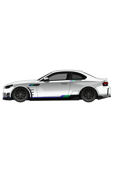 Render digital del Kit de Vinilo Clásico Franjas Alpina aplicado en un BMW. Esta ilustración permite simular el resultado final del vinilo antes de proceder a la compra e instalación.