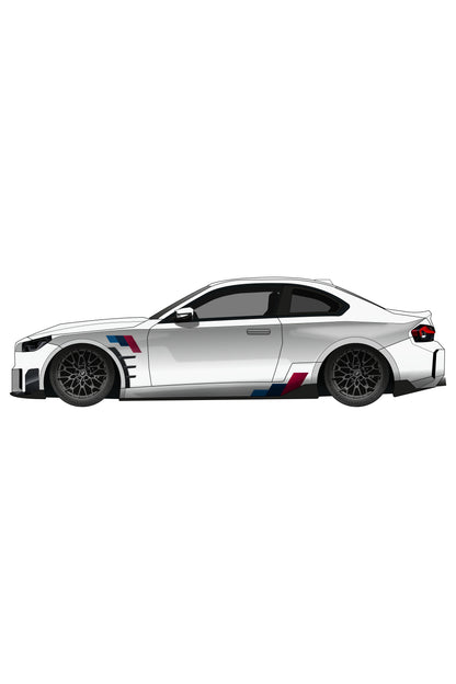 Render digital del Kit de Vinilo Franjas M-Power Motorsport aplicado en un BMW. Esta ilustración estilizada muestra el diseño antes de la compra, perfecto para simular la personalización con el vinilo adhesivo.