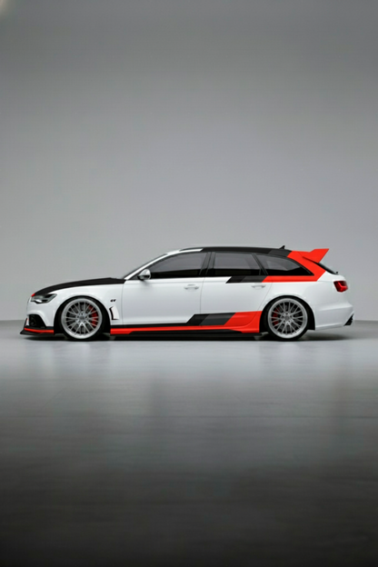 Kit de vinilo de competición instalado en Audi RS 6 Avant GT blanco. Librea deportiva y exclusiva para la edición limitada del coche familiar.