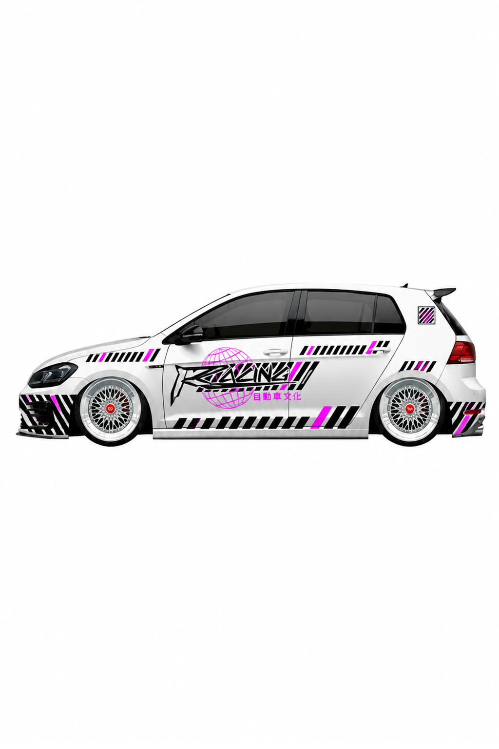 Coche con kit de vinilo Japan Racing aplicado. Librea de estilo JDM con gráficos dinámicos, ideal para cultura drift y tuning japonés.