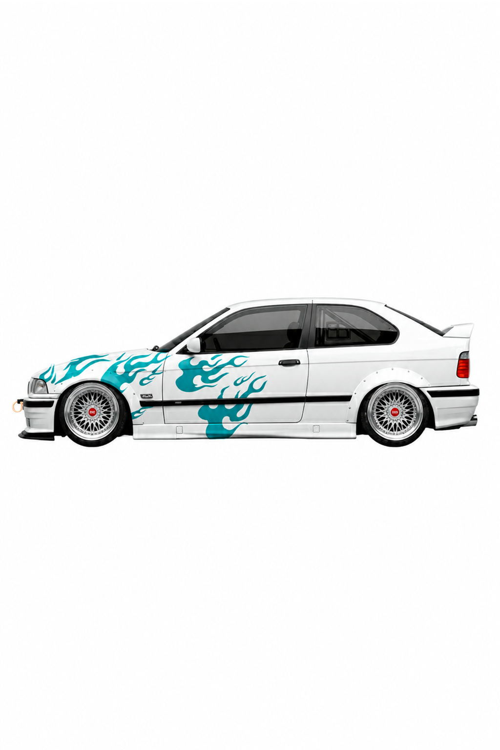 Coche con kit de vinilo Llamas Azules Racing aplicado. Diseño de flamas frías o azules para un look de tuning agresivo y moderno.