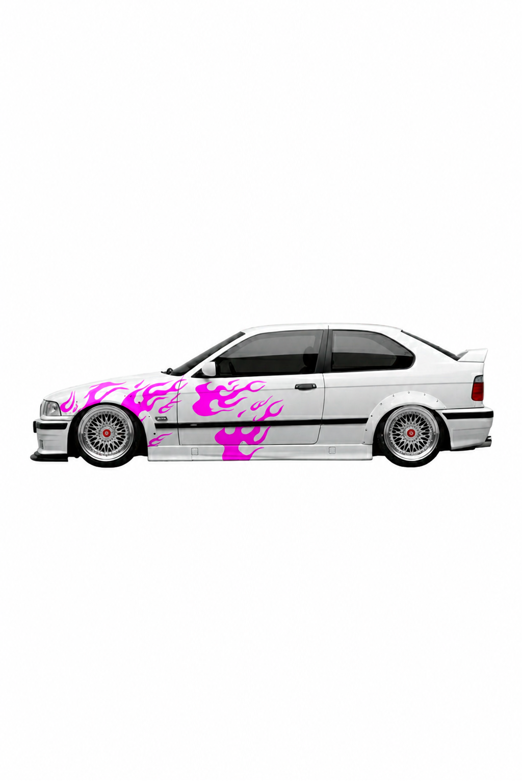Coche con kit de vinilo Llamas Rosa Neón aplicado en laterales y capó. Diseño de flamas rosas ideal para estilos drift, tuning o JDM atrevido.