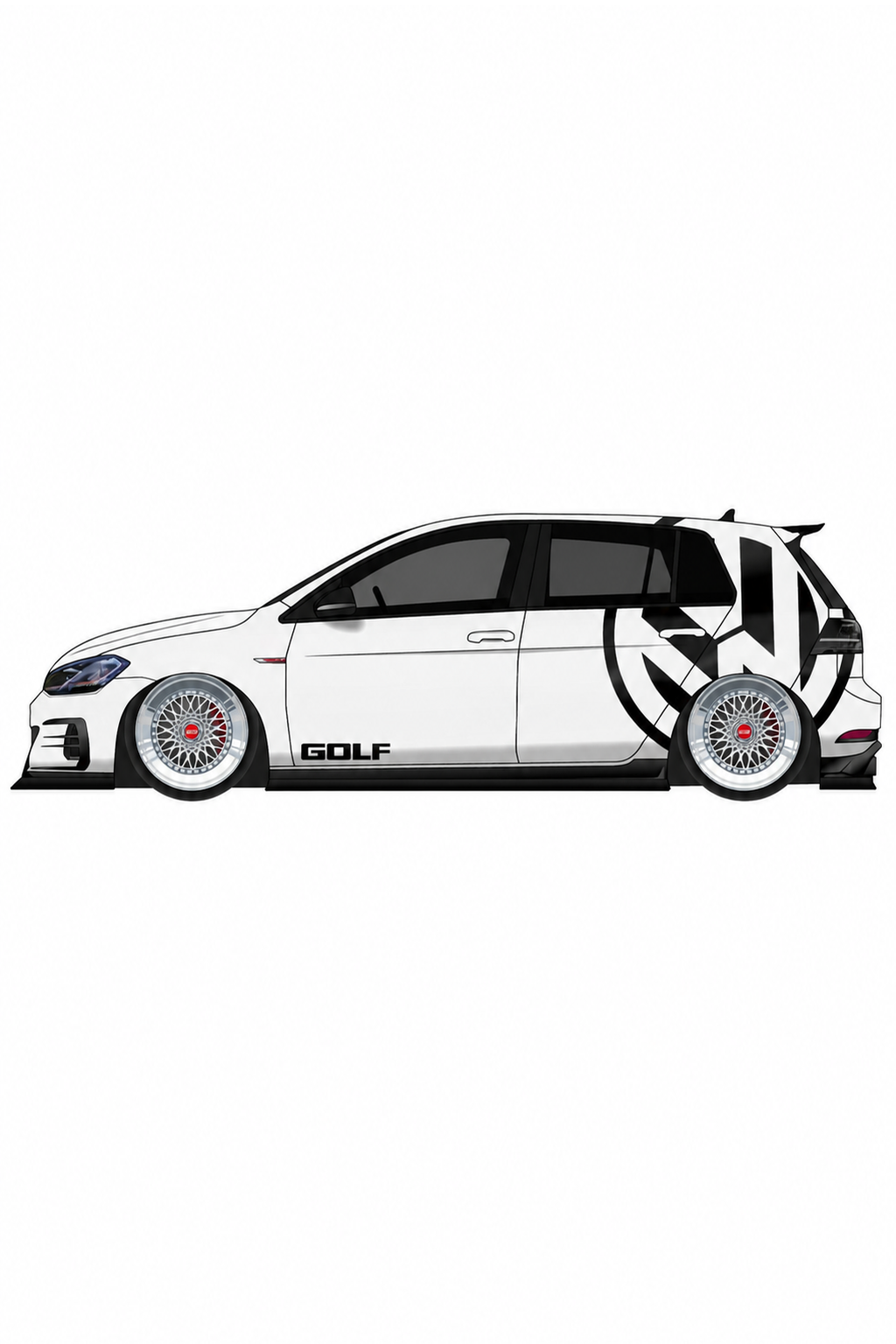 Detalle del logotipo de vinilo Golf instalado en el capó o lateral de un Volkswagen Golf. Personalización de la insignia del coche.