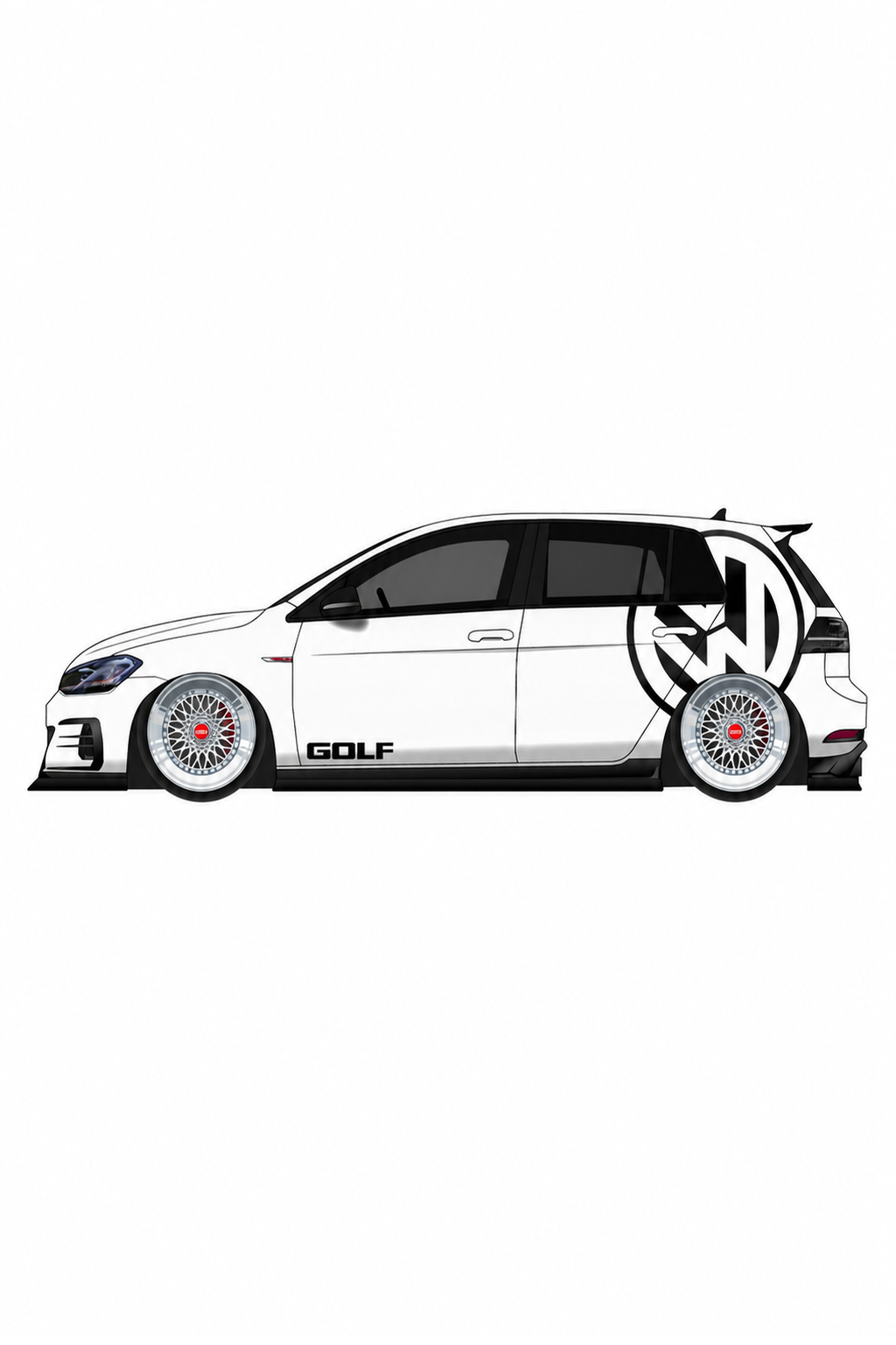 Detalle del vinilo del logotipo Golf Mini instalado en el portón trasero o lateral de un Volkswagen Golf. Personalización de la insignia del coche de forma sutil.