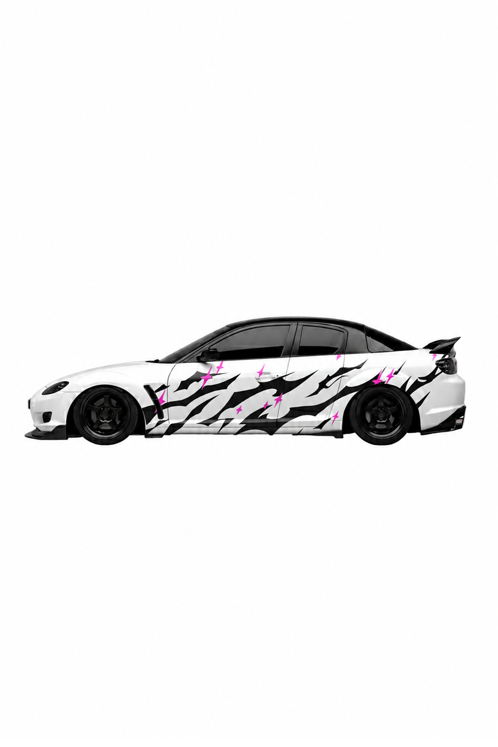 Coche blanco con kit de vinilo Star Tribal en negro y rosa magenta instalado en el lateral. Personalización automotriz rápida y de alto impacto.