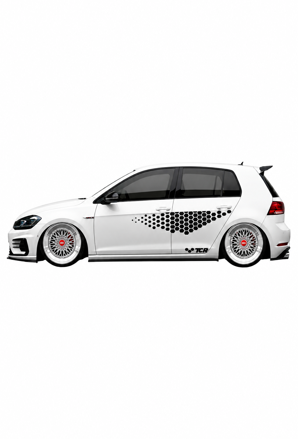 Kit de vinilo de competición estilo TCR instalado en un Volkswagen Golf o León. Librea de carreras, gráfica agresiva y de alto contraste.
