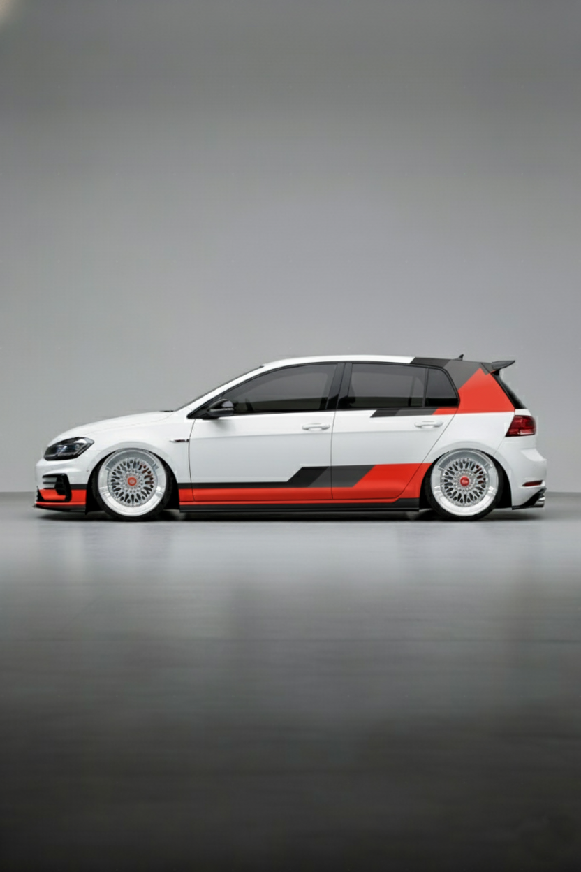Coche Volkswagen con kit de vinilo Racing Líneas aplicado en el lateral y capó. Diseño deportivo y agresivo inspirado en la competición de VW.