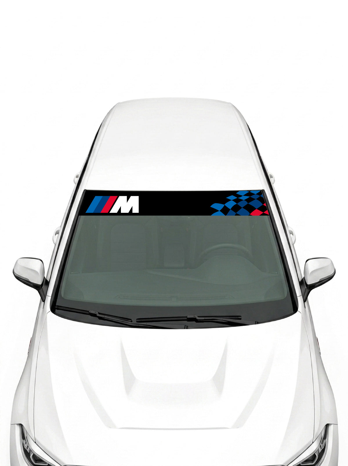 Parasol de vinilo BMW M Motorsport negro con logo M a la izquierda y bandera a cuadros azul a la derecha, instalado en el parabrisas de un coche blanco