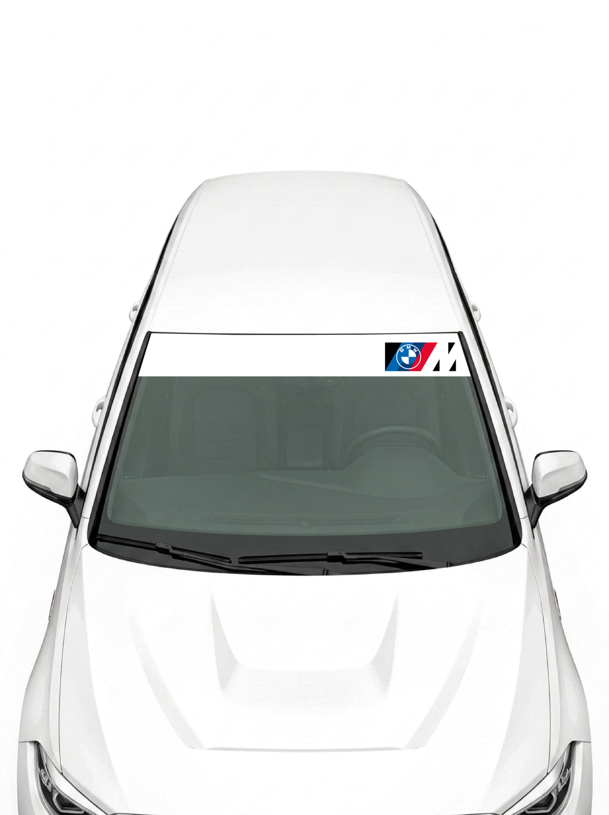 Parasol de vinilo BMW M blanco con el emblema BMW y el logo M en la esquina derecha, instalado en el parabrisas de un coche blanco