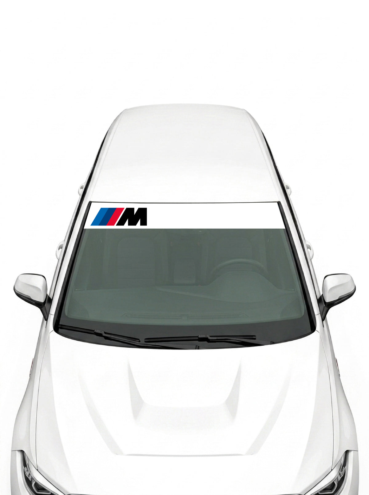 Parasol de vinilo BMW M blanco con el logo M a la izquierda, instalado en el parabrisas de un coche blanco