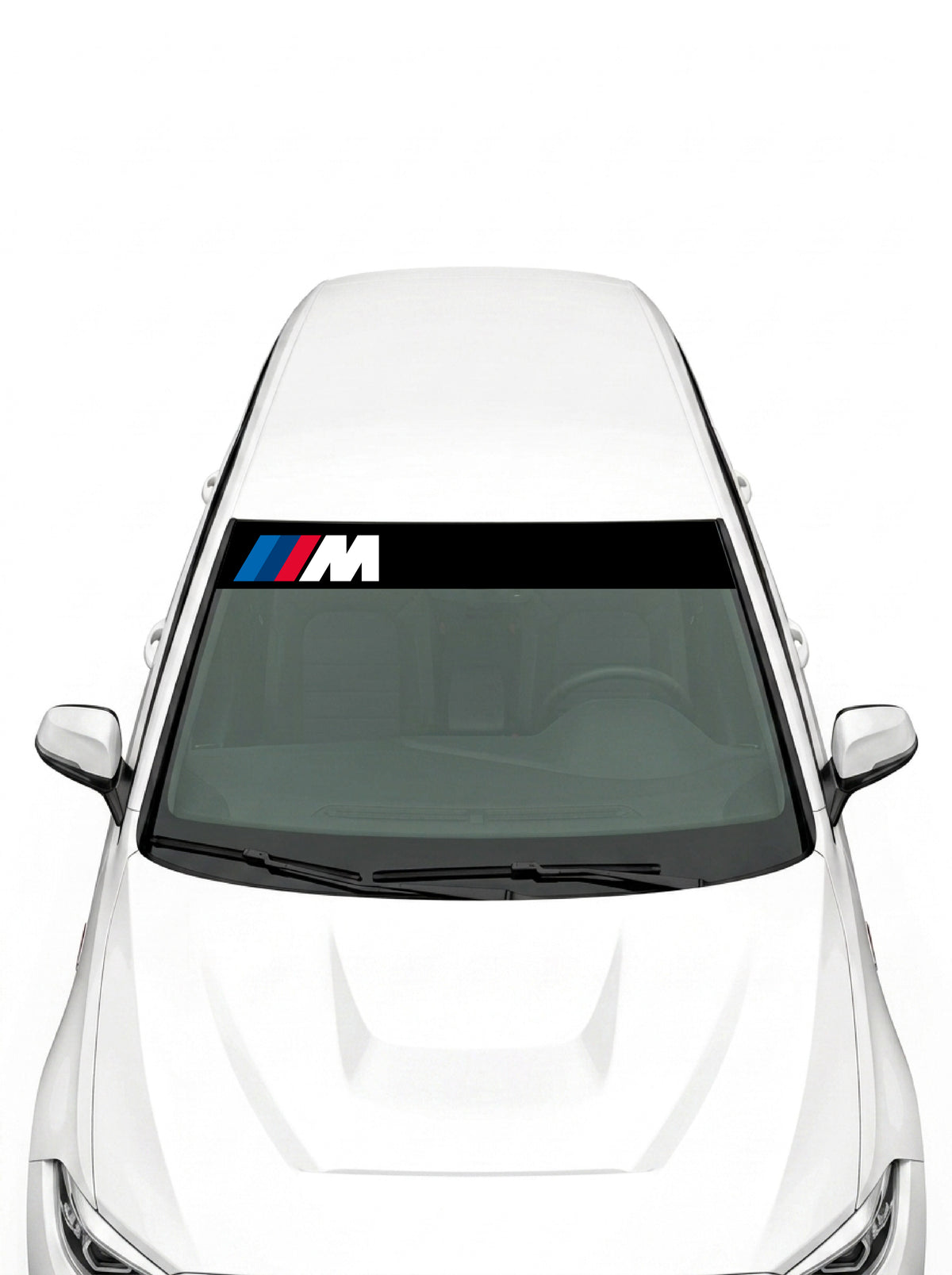 Parasol de vinilo BMW M negro con el logo M a la izquierda, instalado en el parabrisas de un coche blanco