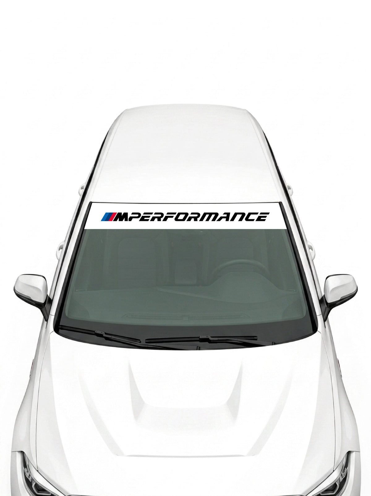 Parasol de vinilo BMW M Performance blanco con el lettering MPerformance en negro, instalado en el parabrisas de un coche blanco