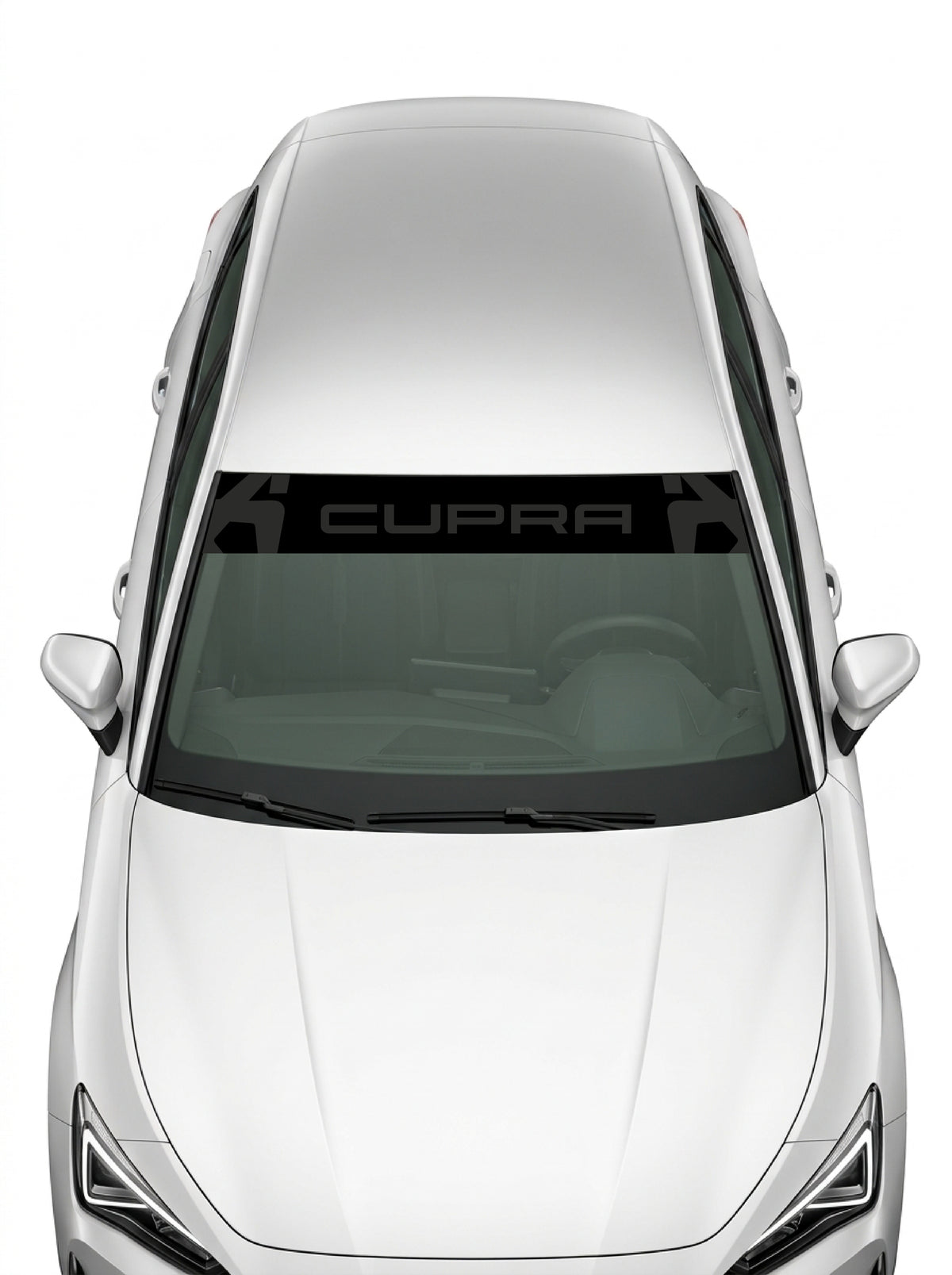 Coche con el parasol de vinilo Cupra negro con el lettering CUPRA en gris y los emblemas recortados en los bordes instalado en el parabrisas