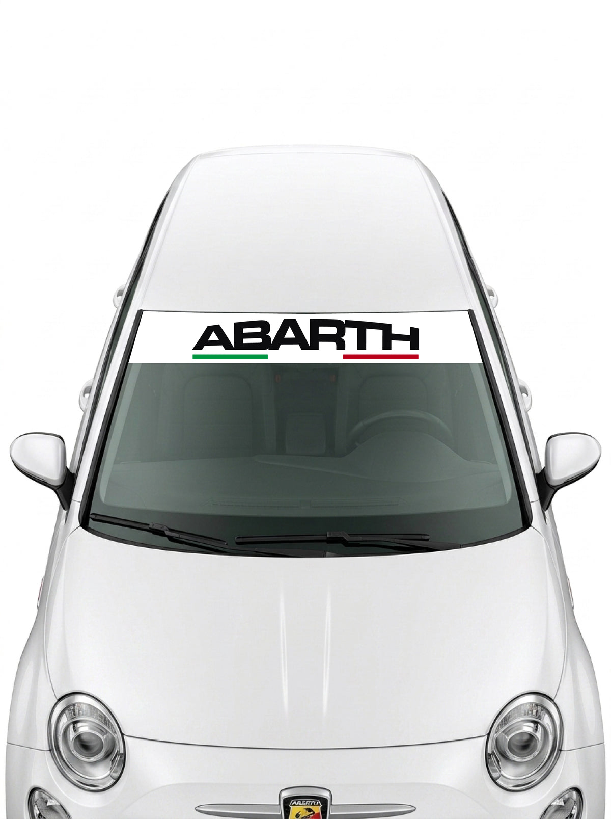 Parasol de vinilo Abarth blanco con el lettering ABARTH en negro y la bandera de Italia, instalado en el parabrisas de un Fiat 500 blanco