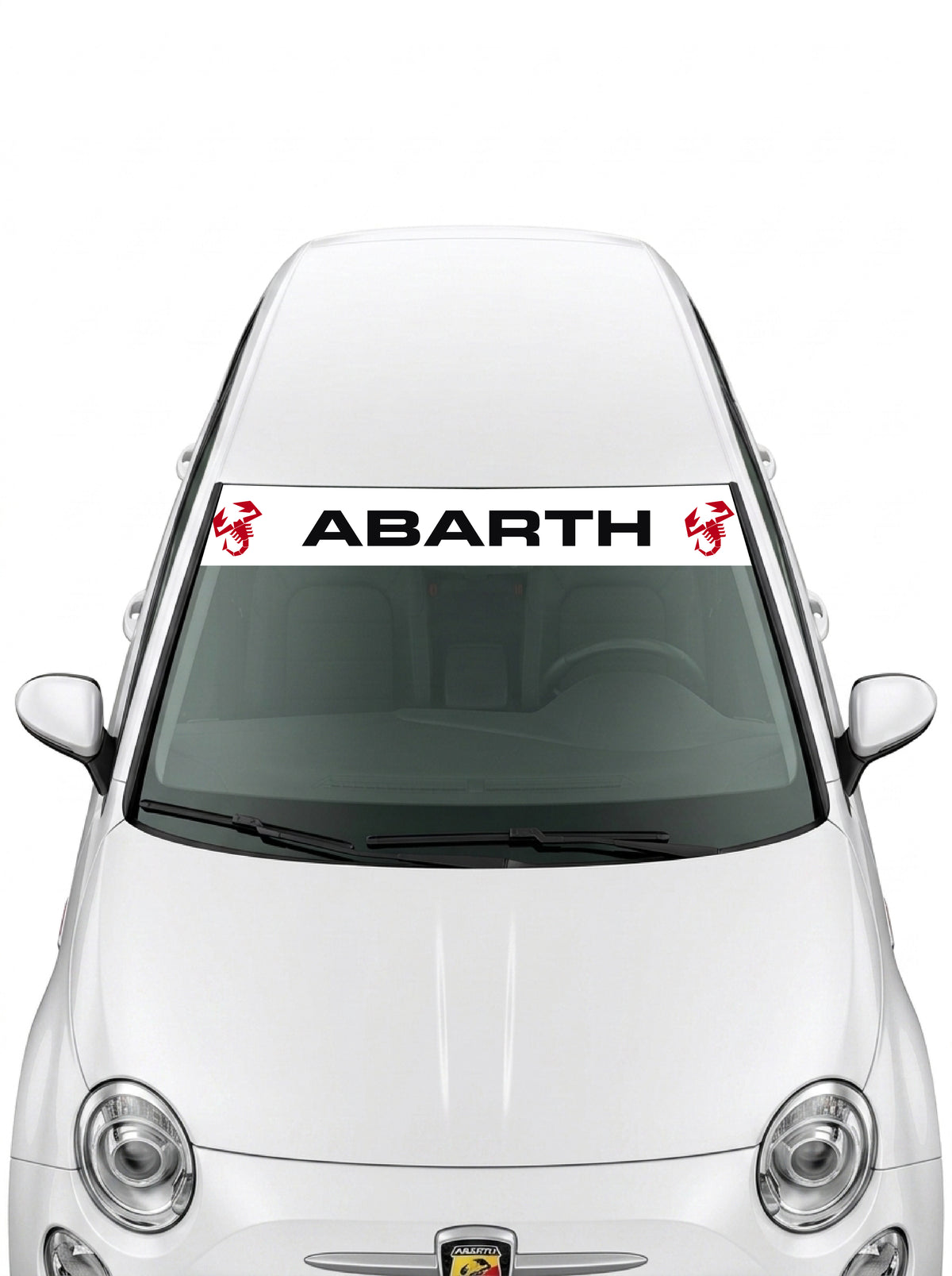 Parasol de vinilo Abarth blanco con el lettering ABARTH en negro y un escorpion rojo a cada lado, instalado en el parabrisas de un Fiat 500 blanco