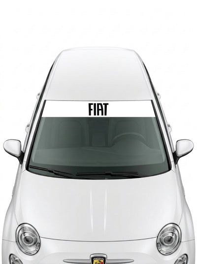 Parasol de vinilo Fiat blanco con el lettering FIAT en negro, instalado en el parabrisas de un Fiat 500 blanco