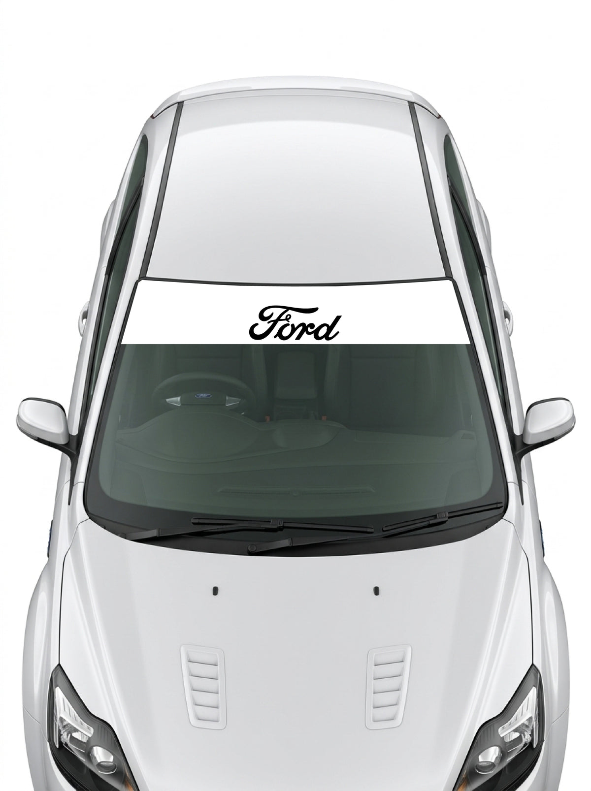 Parasol de vinilo Ford blanco con el lettering Ford en negro centrado, instalado en el parabrisas de un Ford blanco