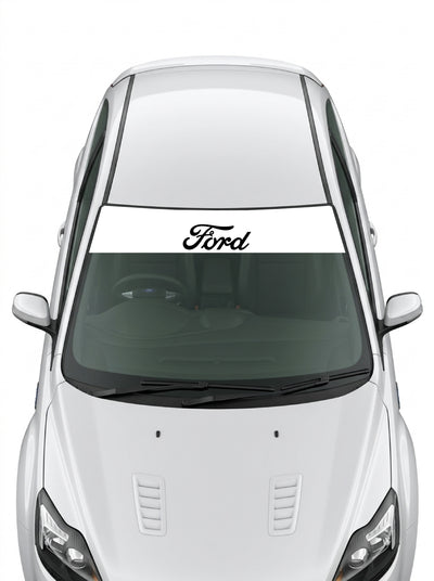 Parasol de vinilo Ford blanco con el lettering Ford en negro centrado, instalado en el parabrisas de un Ford blanco