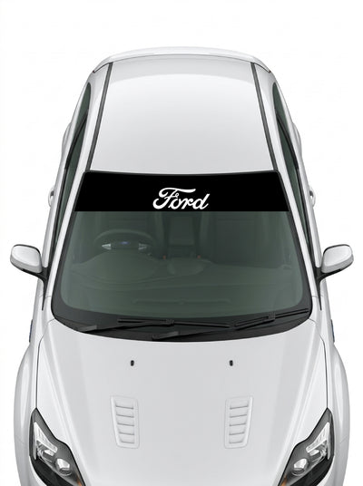 Parasol de vinilo Ford negro con el lettering Ford en blanco centrado, instalado en el parabrisas de un Ford blanco