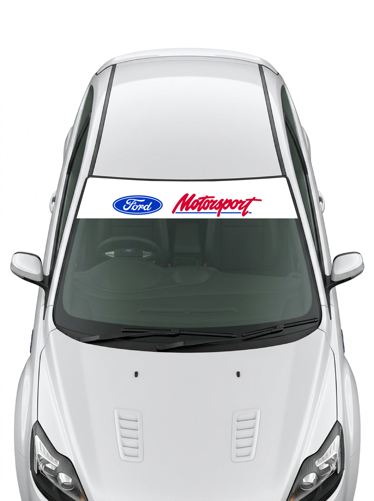 Parasol de vinilo Ford Motorsport blanco con el ovalo Ford azul y el lettering Motorsport en rojo, instalado en el parabrisas de un Ford blanco